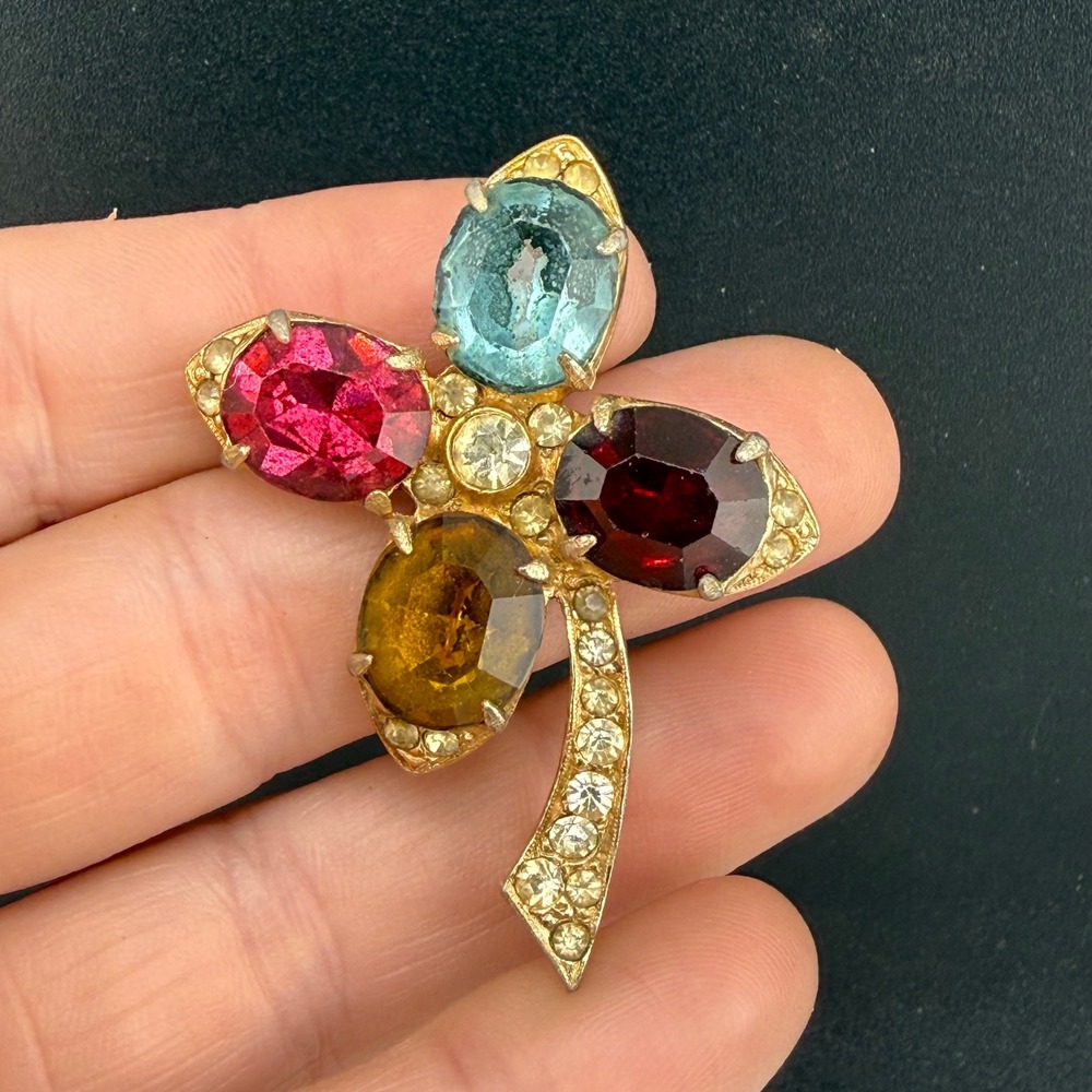 Vintage Joseph Wiesner Brooch Gold Rhinestone‎ Multi-Color Floral Mid-Century